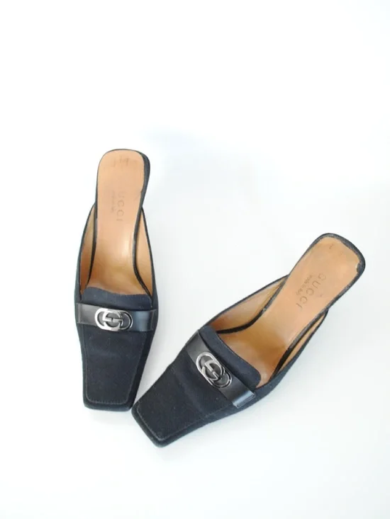 Gucci Black Mid-Heel Logo Mules - Picture 2 of 5